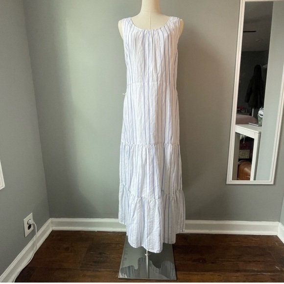 Talbots Tiered Linen Maxi Dress With Light Blue Stripes - Picture 2 of 14